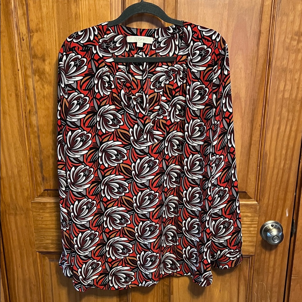 LOFT Red and Black Floral Split-Neck Blouse